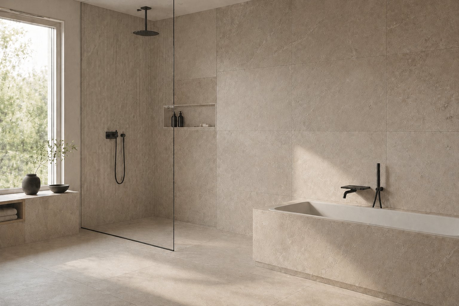 Bad in Travertin mit Walk-in-Dusche und freistehender Wanne