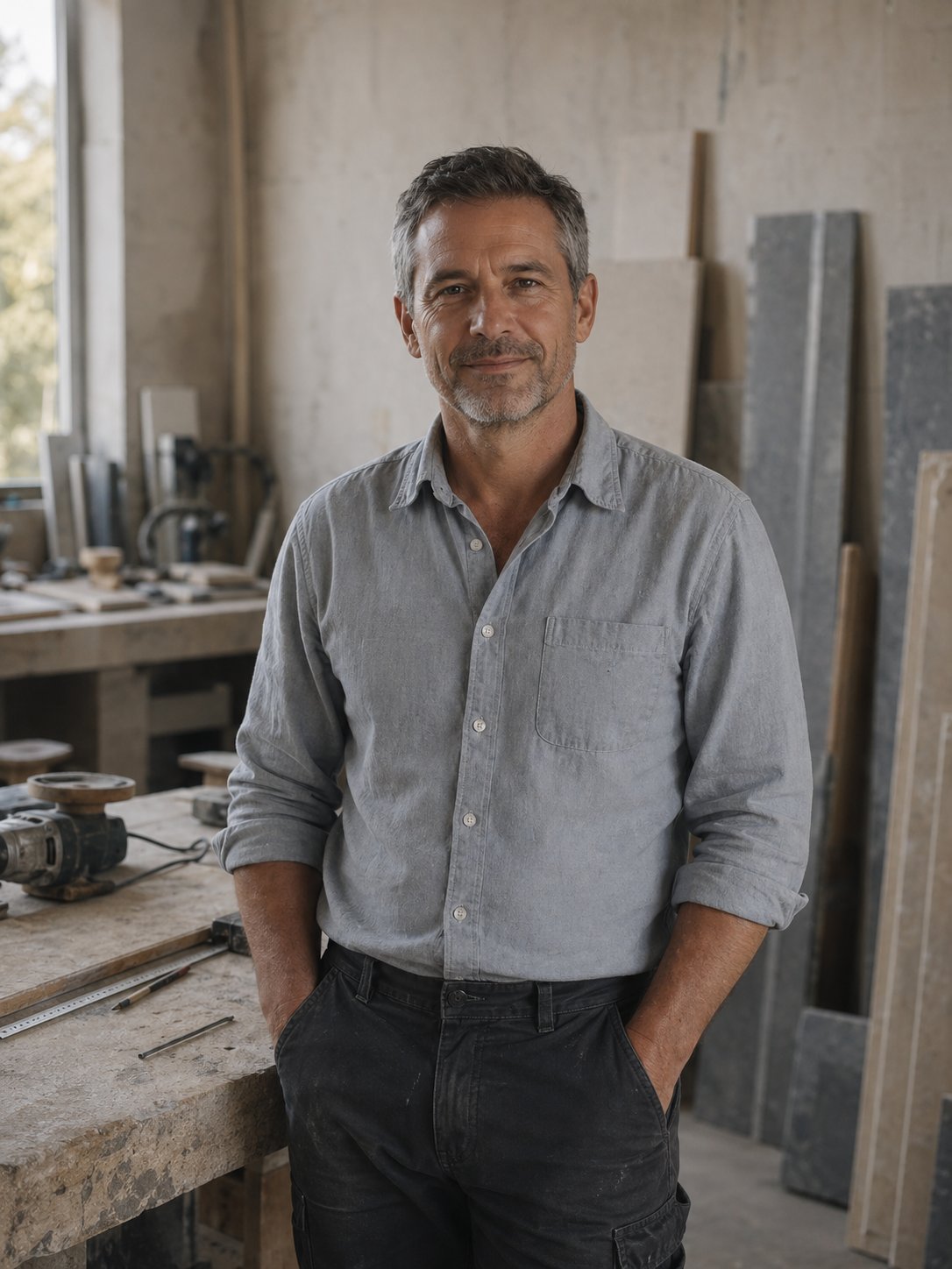 Porträt des Inhabers in der Werkstatt vor gelagerten Steinplatten