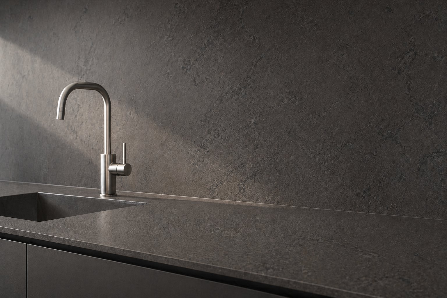 Küche mit dunkler Granit-Arbeitsplatte und passender Rückwand