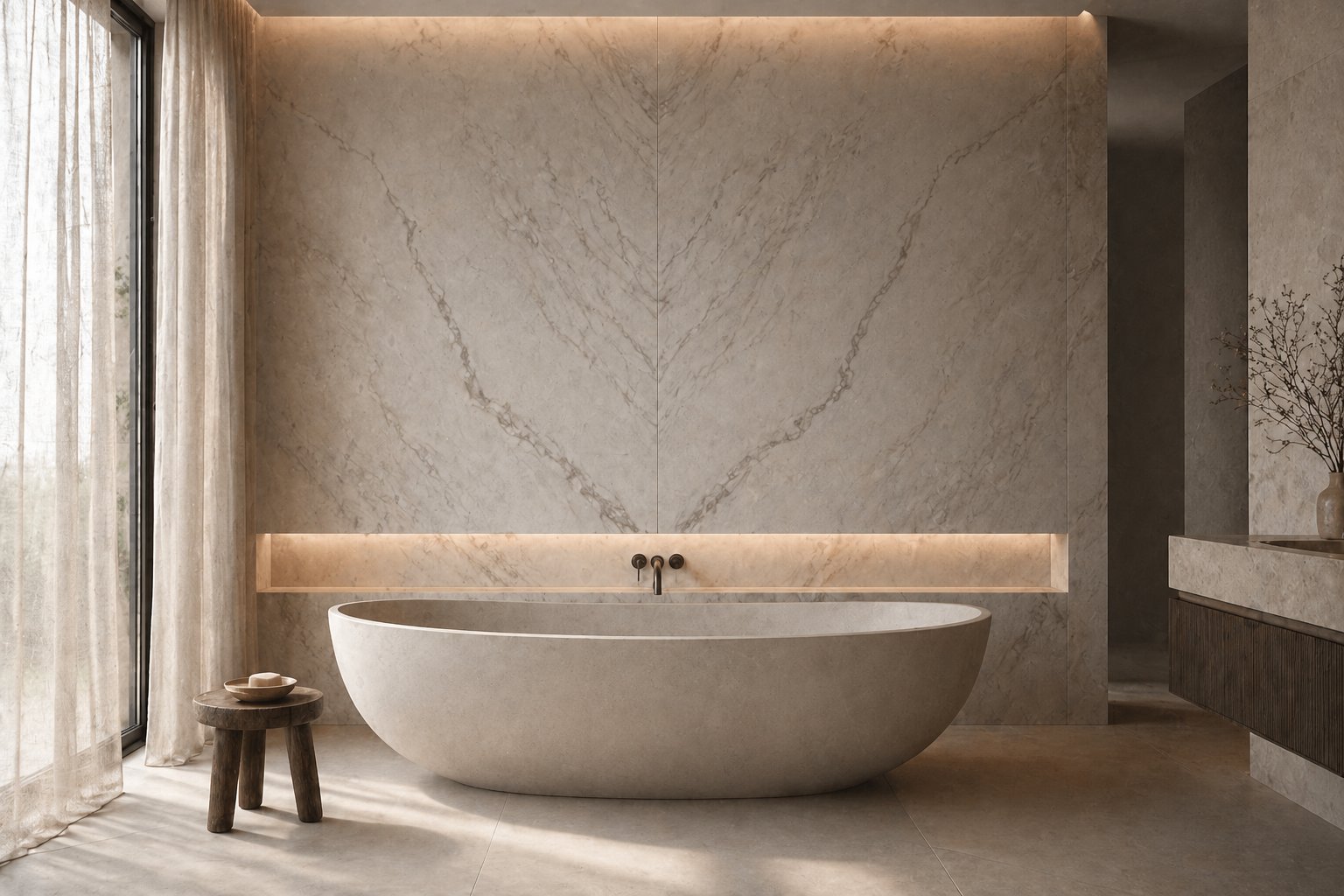 Marmorwand im Buchmuster hinter freistehender Wanne