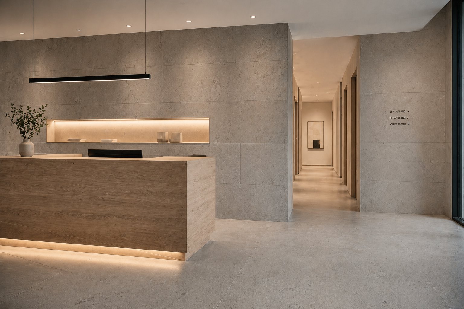 Empfangsbereich einer Praxis mit großformatigen Feinsteinzeug-Platten