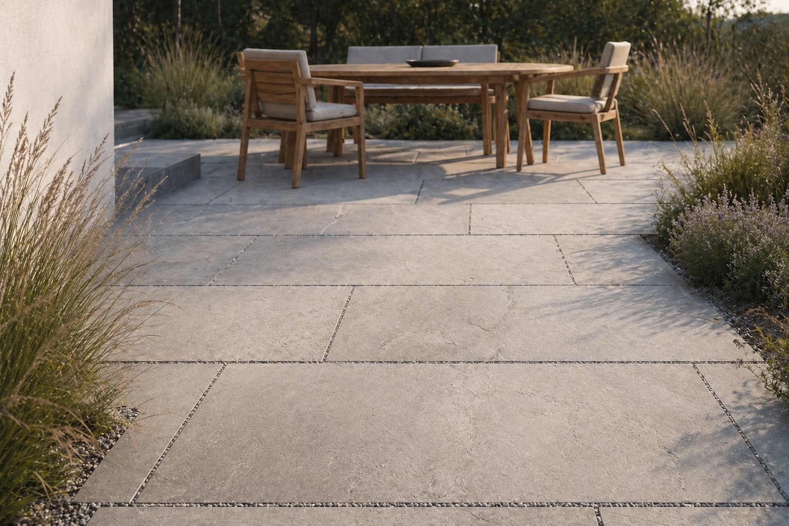 Terrasse aus Quarzit mit Sitzgruppe aus Teak