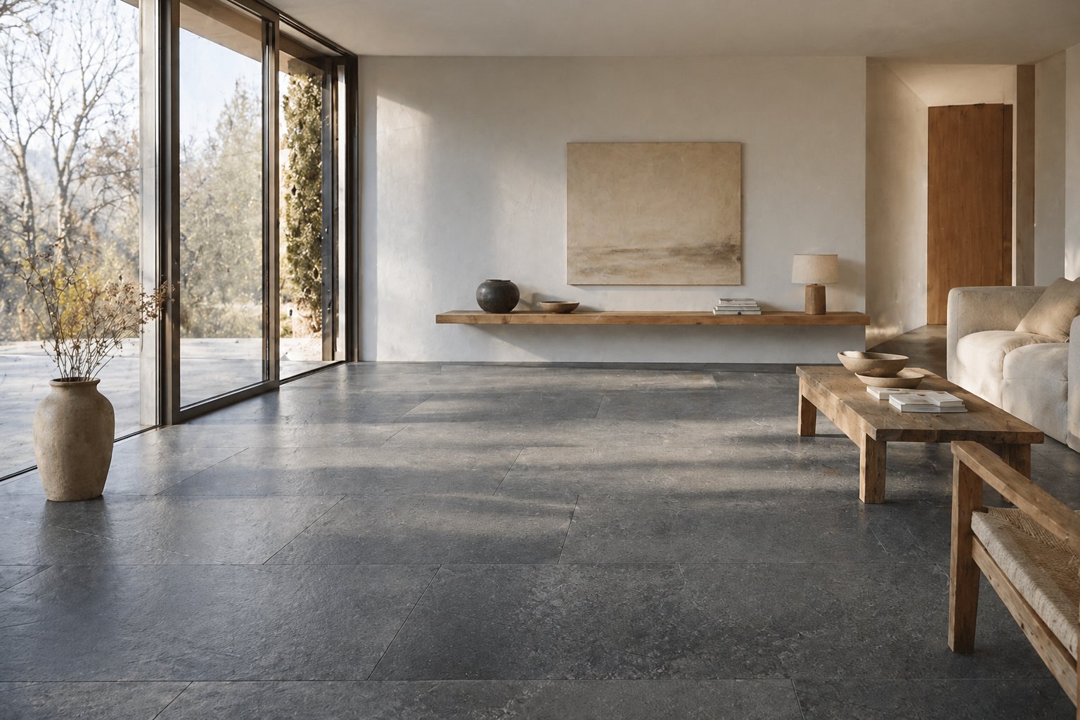 Wohnraum mit dunklem Schieferboden und großer Fensterfront